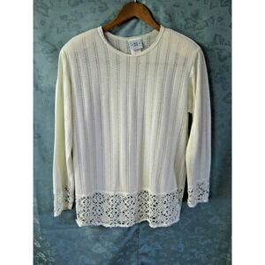 VTG 80's Semi-Sheer Knit Top Size Medium Cutout Lace Hem & Cuffs